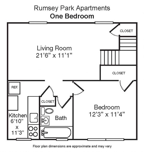 Floor plan for 1 bed, 1 bath